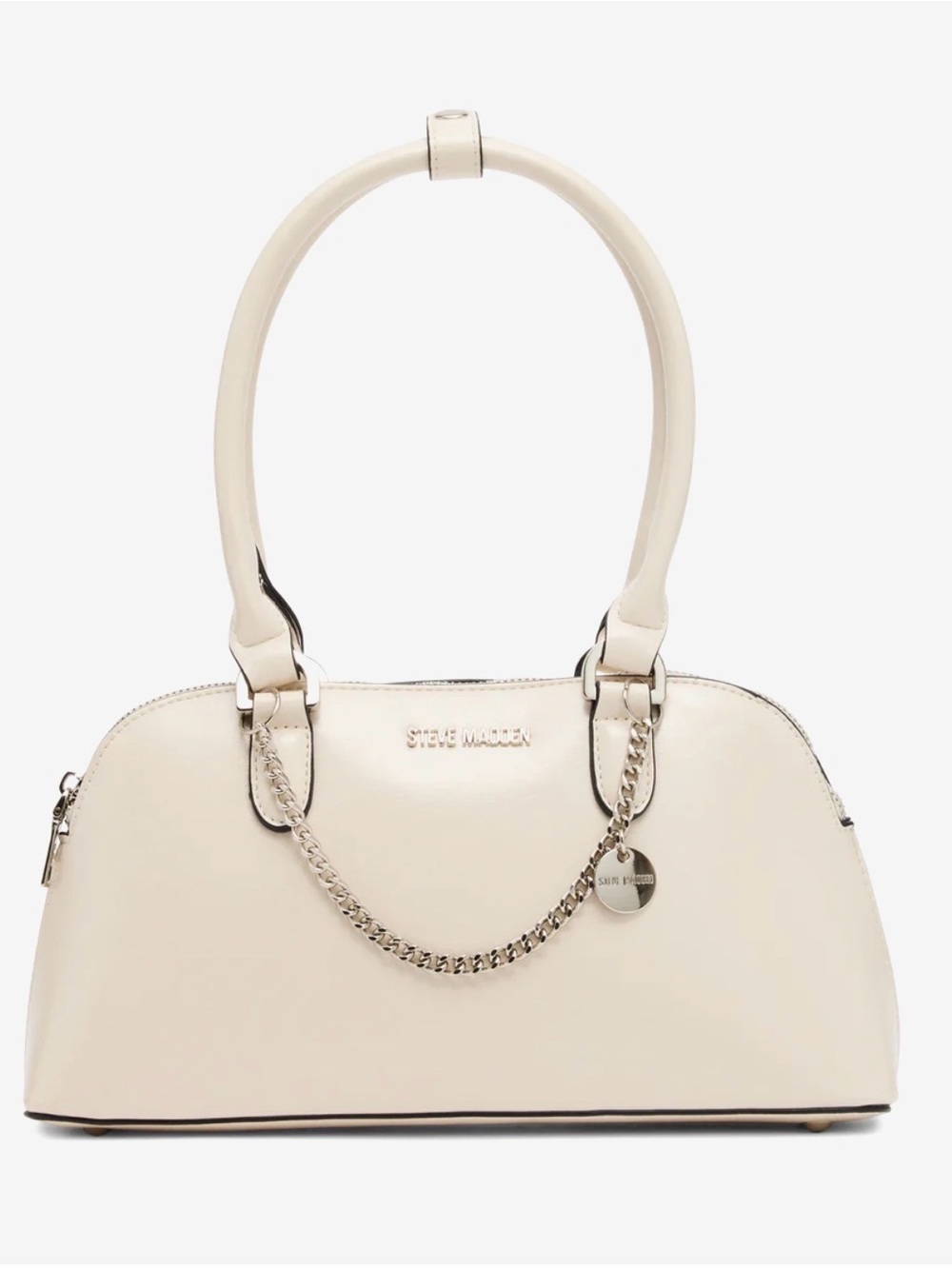 Steve Madden White Blevy Leather Mini Shoulder Bag with Chain Accent